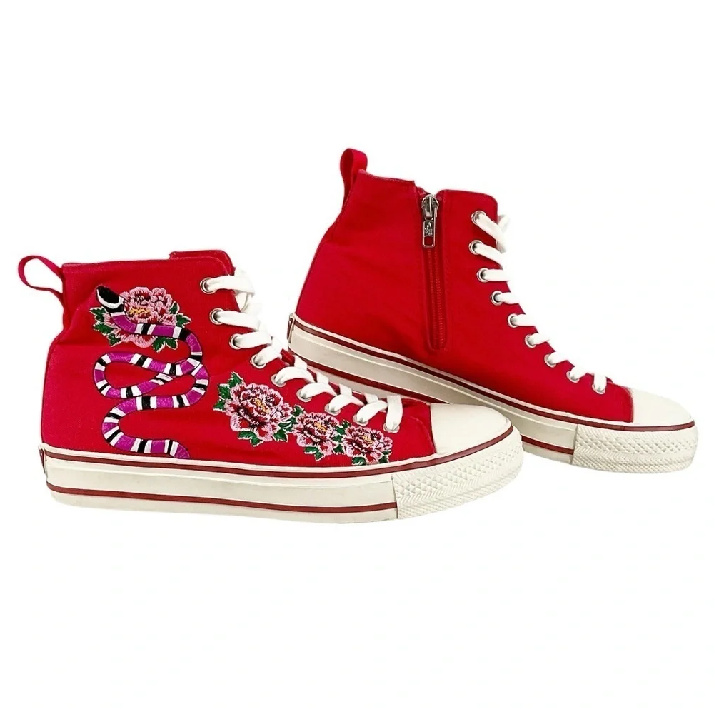 ASH Vanina Hi-Top Sneakers Canvas Floral Snake Embroidery Size 38 Free People